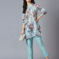 Floral Printed Aqua Metallic Kurta Set
