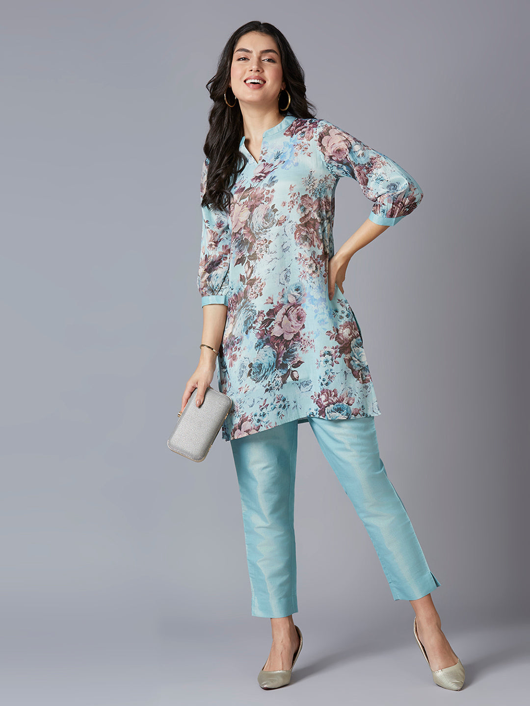 Floral Printed Aqua Metallic Kurta Set