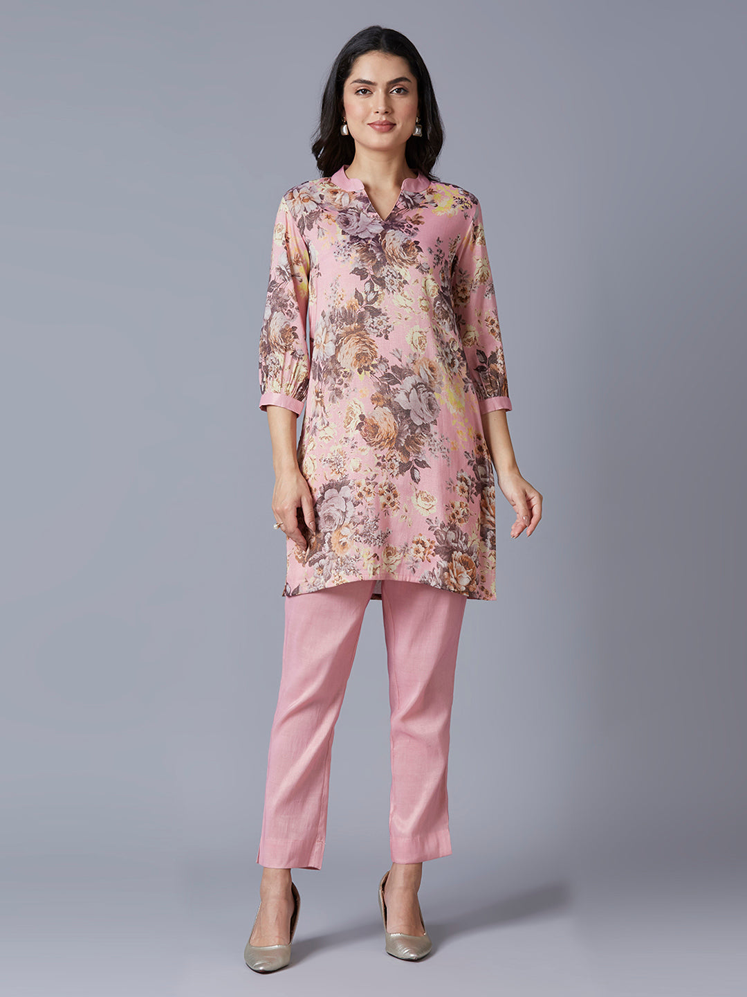 Pink Floral Printed Kurti with Metallic Trims