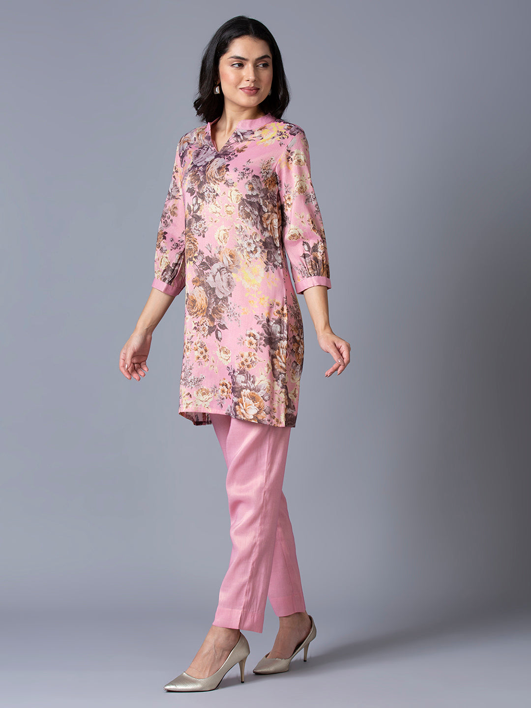 Pink Floral Printed Kurti with Metallic Trims