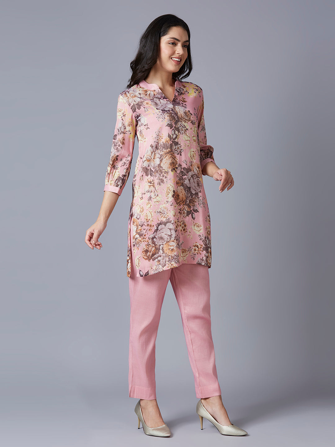 Pink Floral Printed Kurti with Metallic Trims