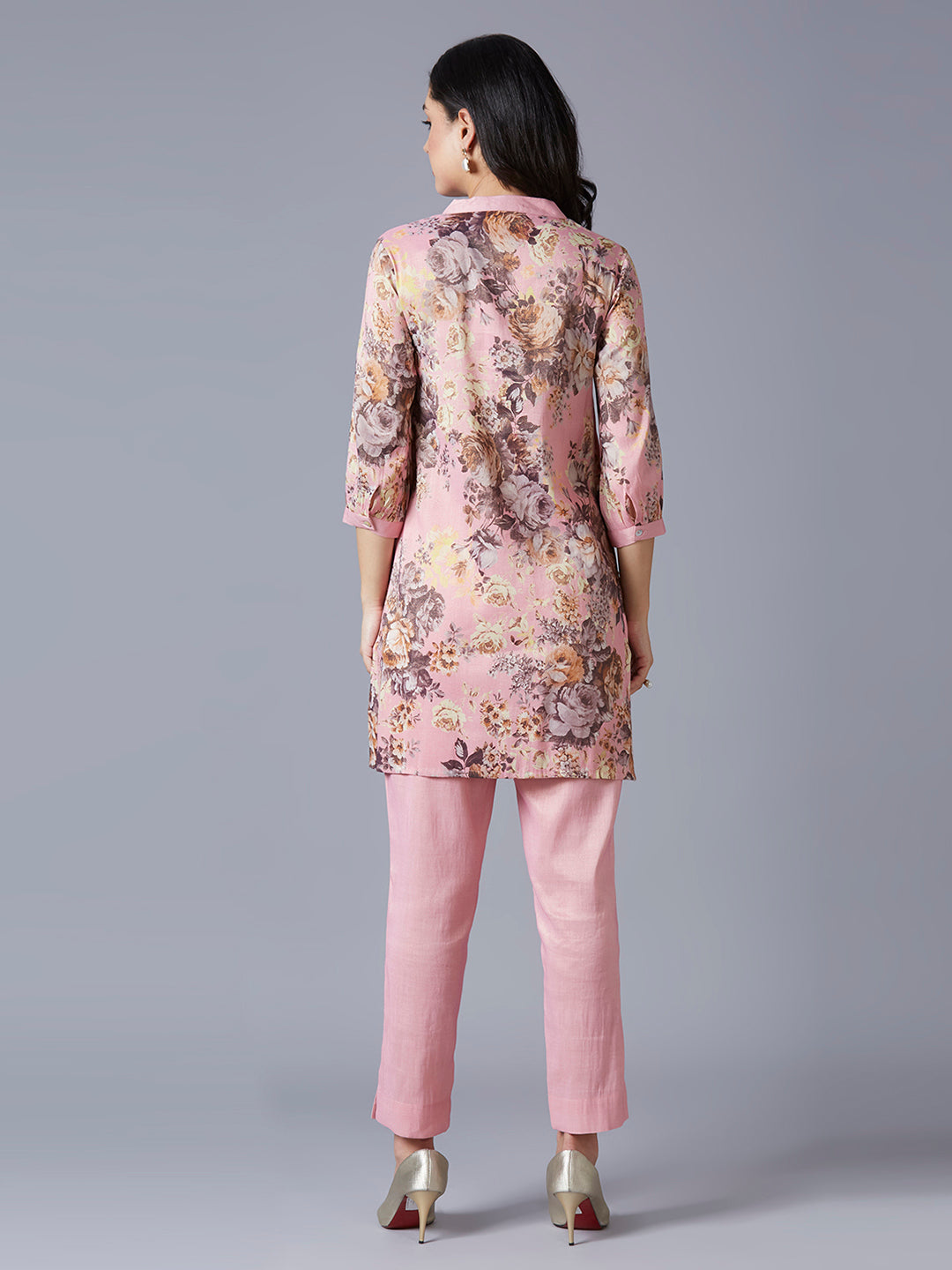 Pink Floral Printed Kurti with Metallic Trims