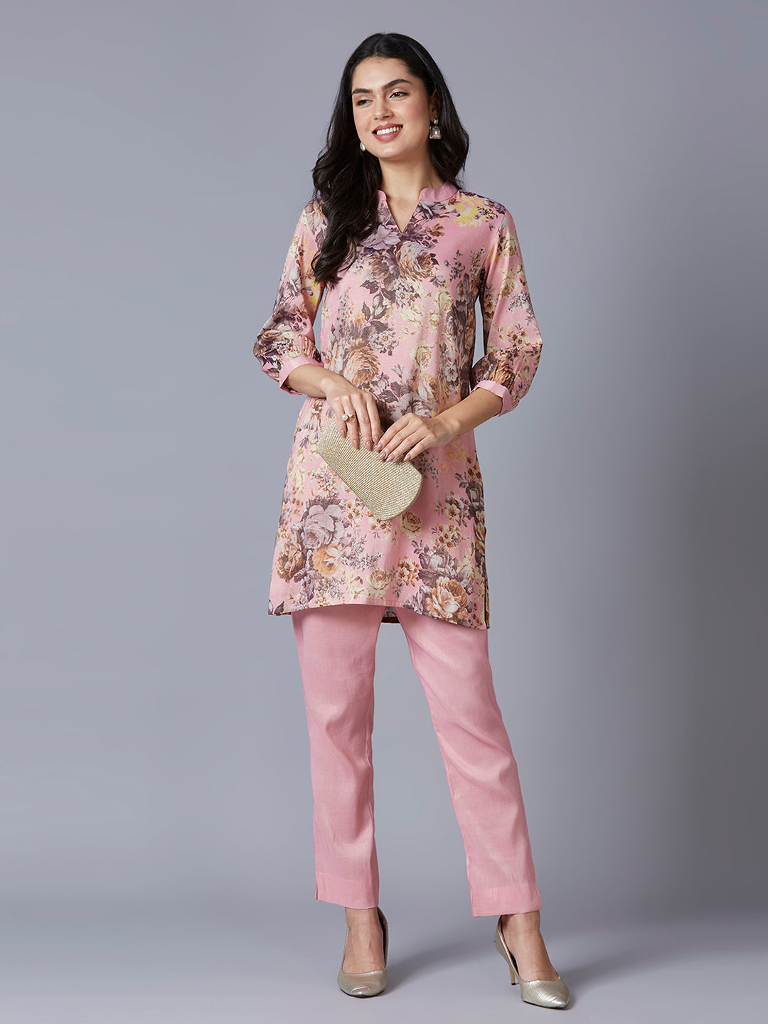 Floral Printed Pink Metallic Kurta