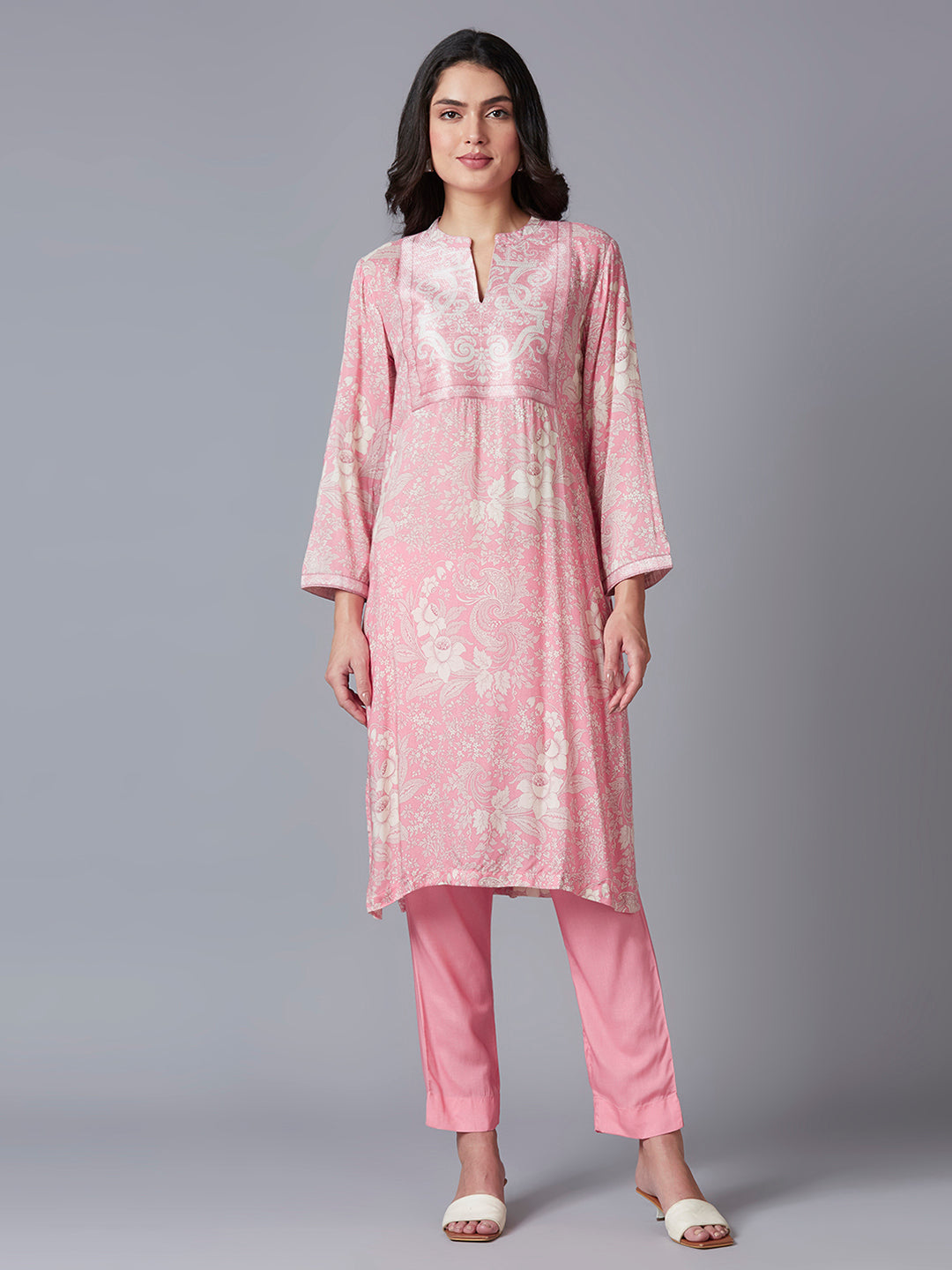 Pink Floral Printed Viscose Kurti with Brocade Yolk