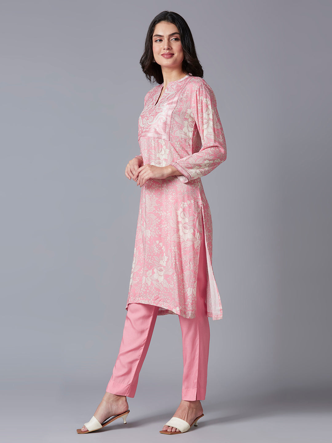 Pink Floral Printed Viscose Kurta with Brocade Yolk