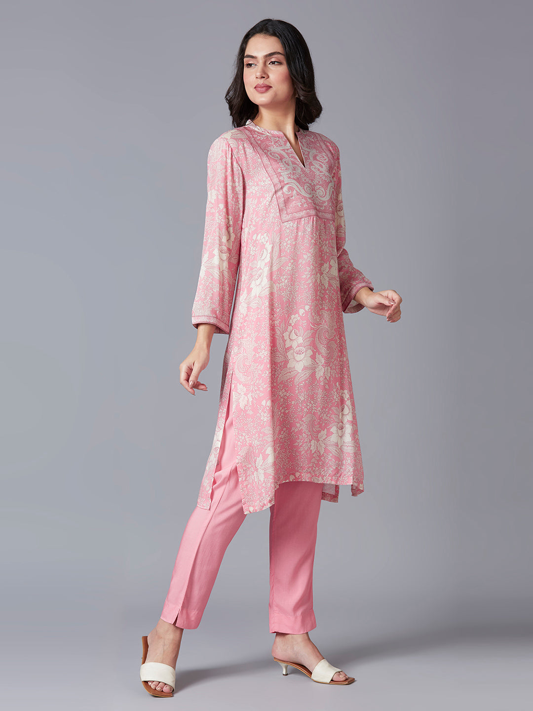 Pink Floral Printed Viscose Kurti with Brocade Yolk