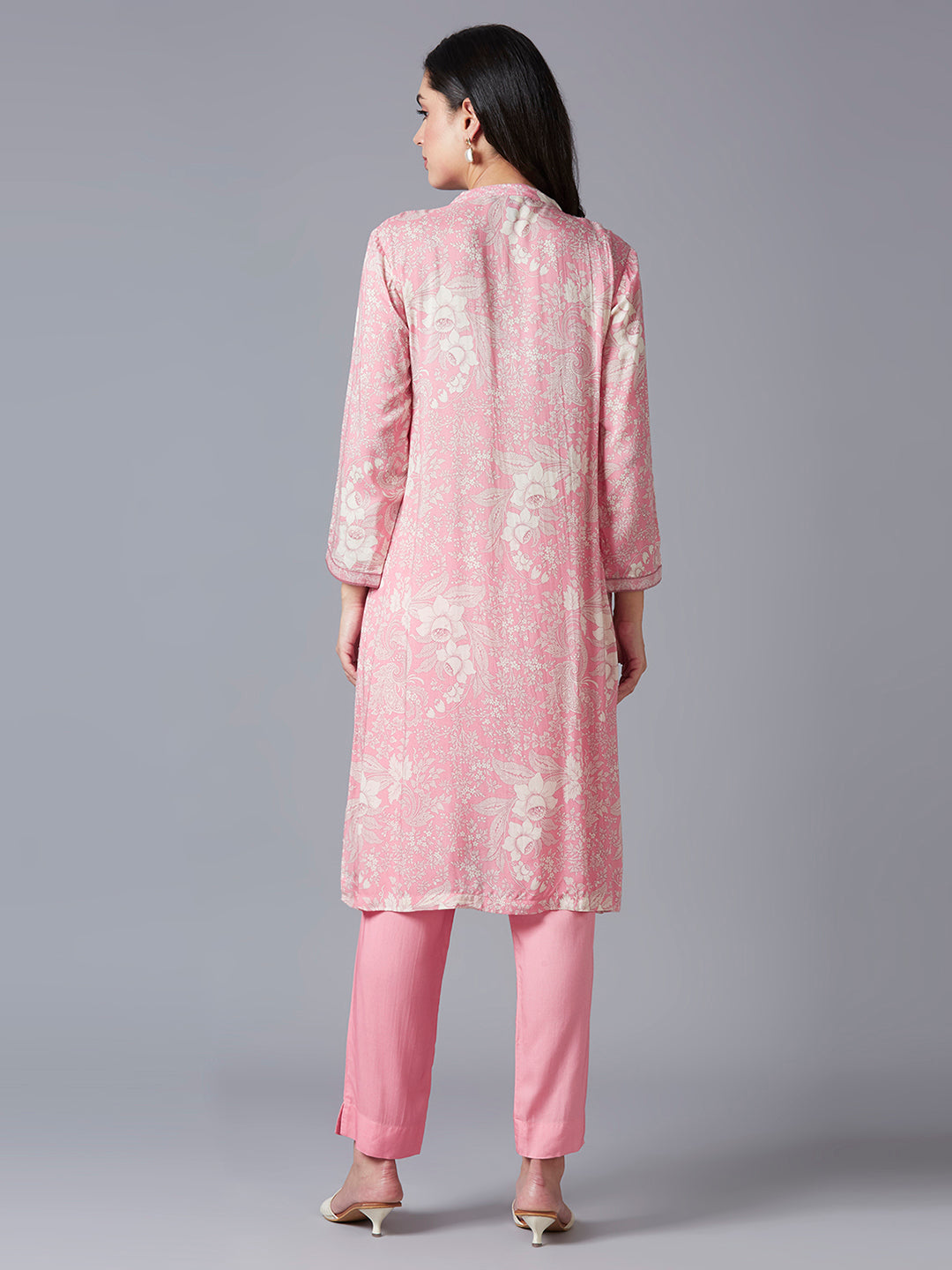 Pink Floral Printed Viscose Kurti with Brocade Yolk