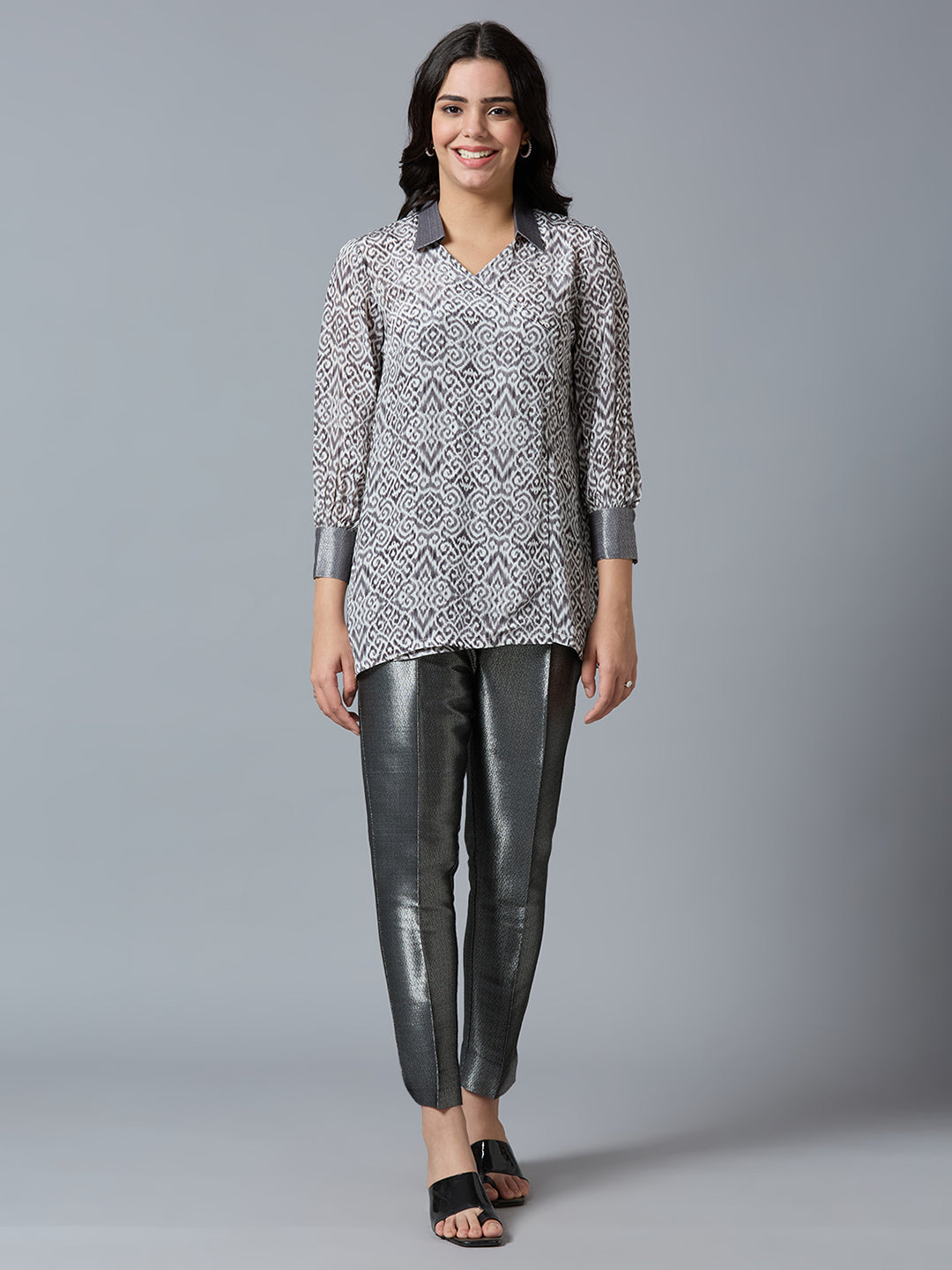 Grey Multi Abstract Printed Top with Brocade Trims