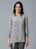 Grey Multi Abstract Printed Top with Brocade Trims
