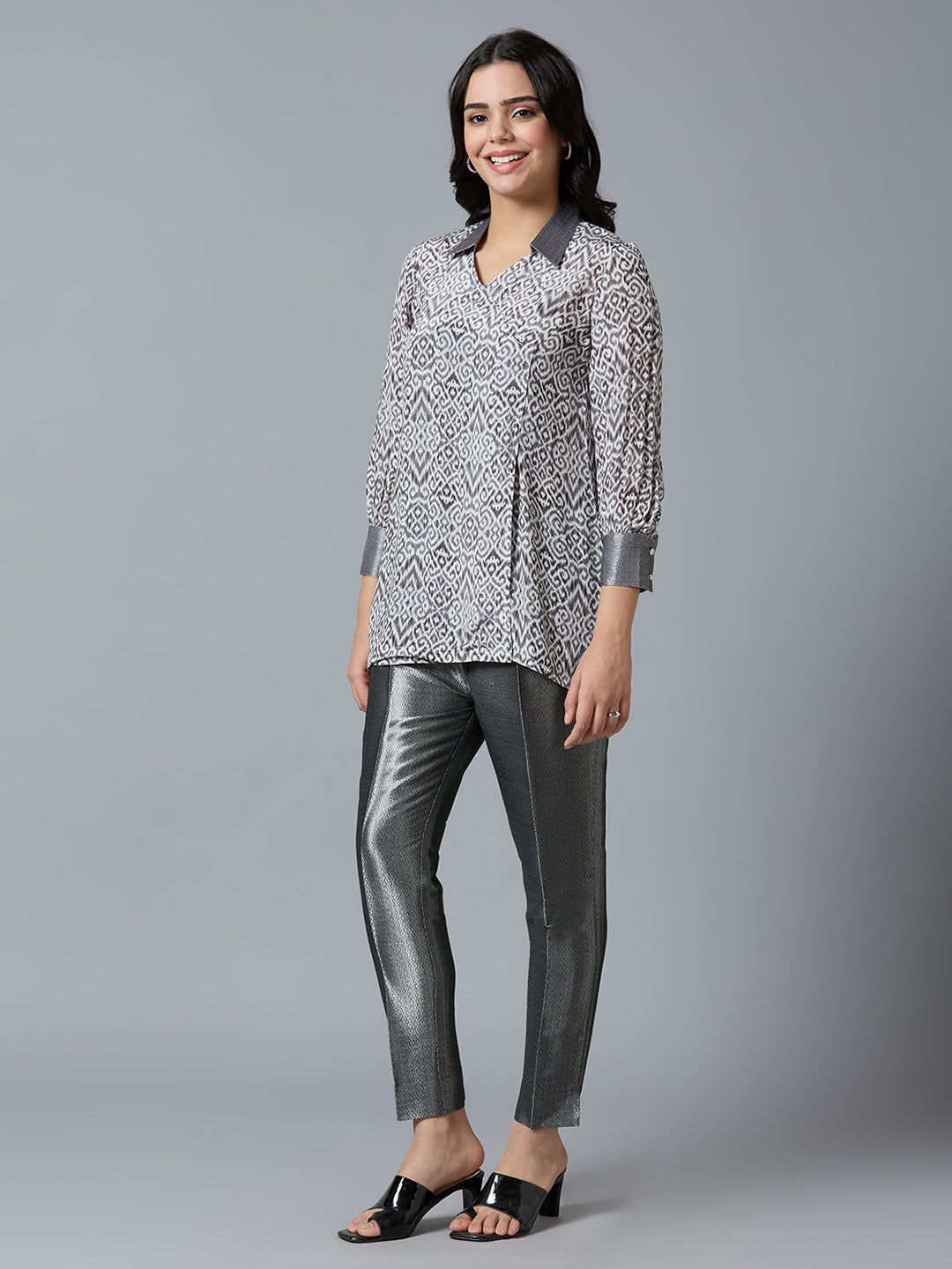 Grey Multi Abstract Printed Top with Brocade Trims