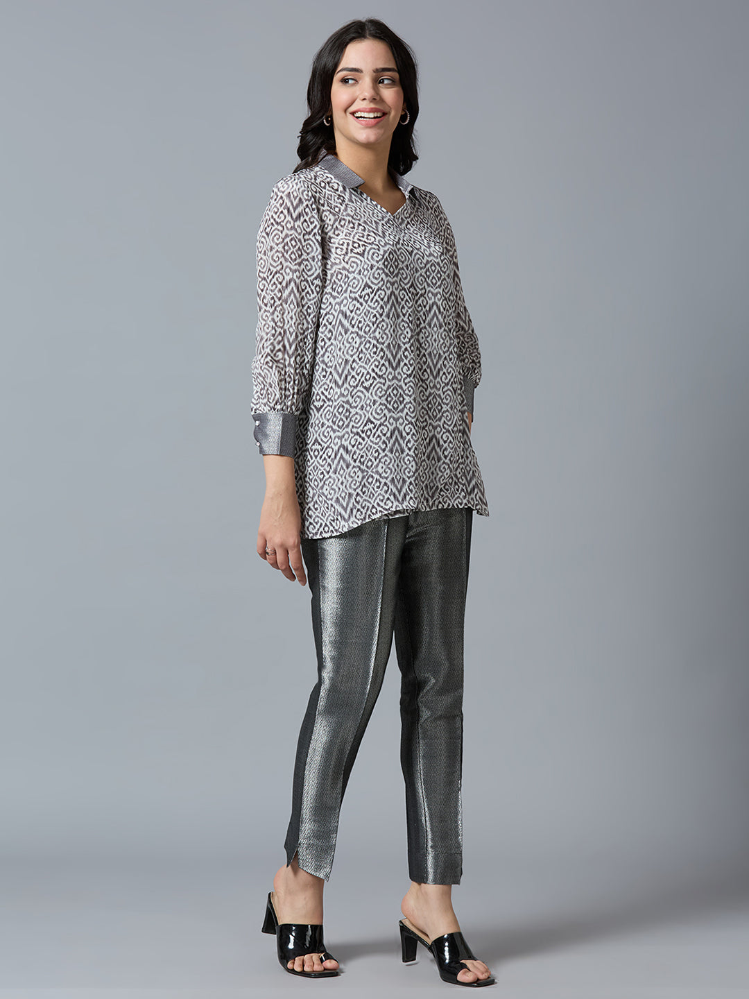 Grey Multi Abstract Printed Top with Brocade Trims