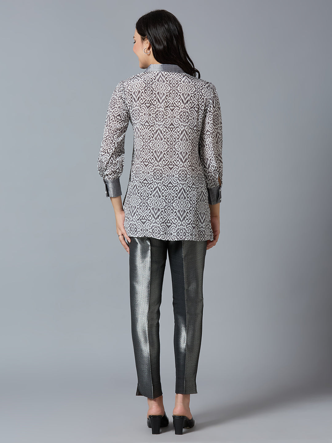 Grey Multi Abstract Printed Top with Brocade Trims