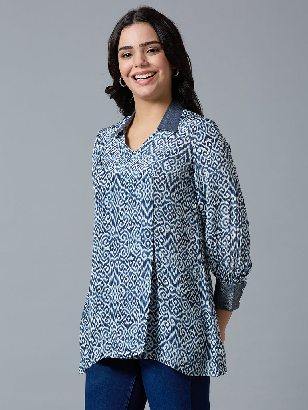 Navy Multi Abstract Printed Top with Brocade Trims