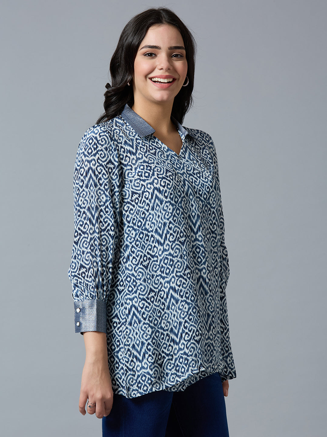 Navy Multi Abstract Printed Top with Brocade Trims