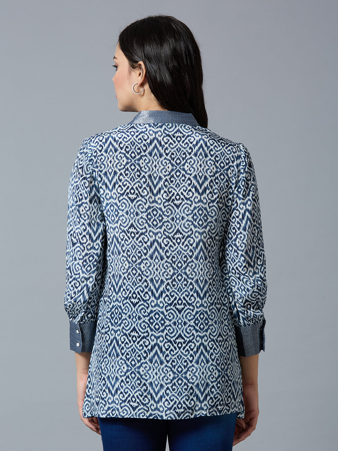 Navy Multi Abstract Printed Top with Brocade Trims