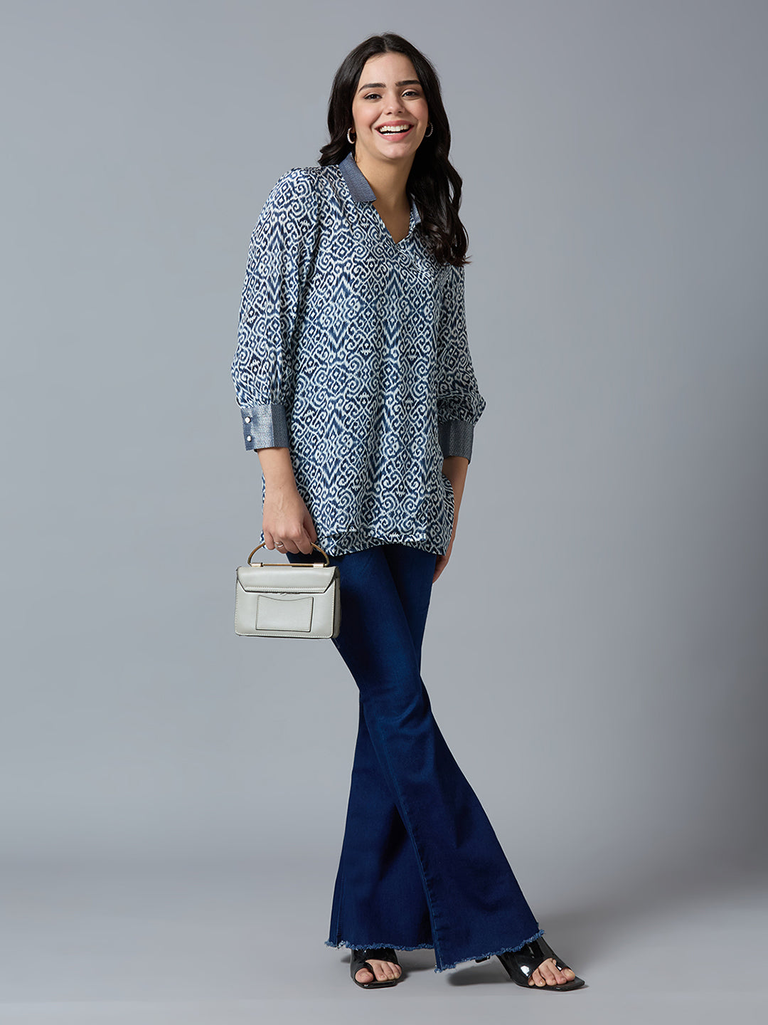 Navy Multi Abstract Printed Top with Brocade Trims