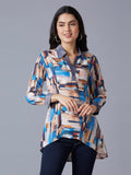 Blue Multi Abstract Printed Top with Brocade Trims