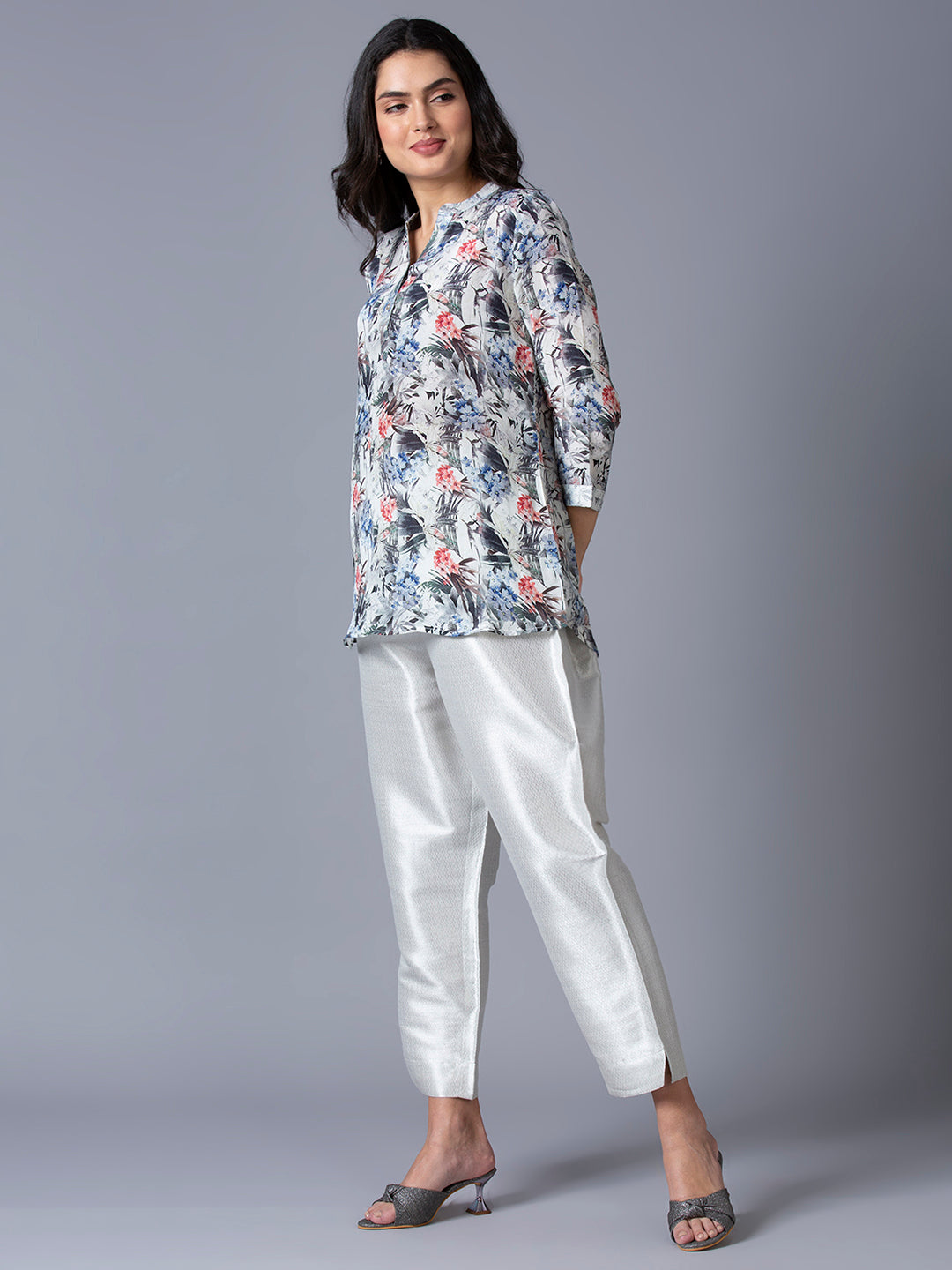 White Multi Floral Printed Top with Brocade Trims