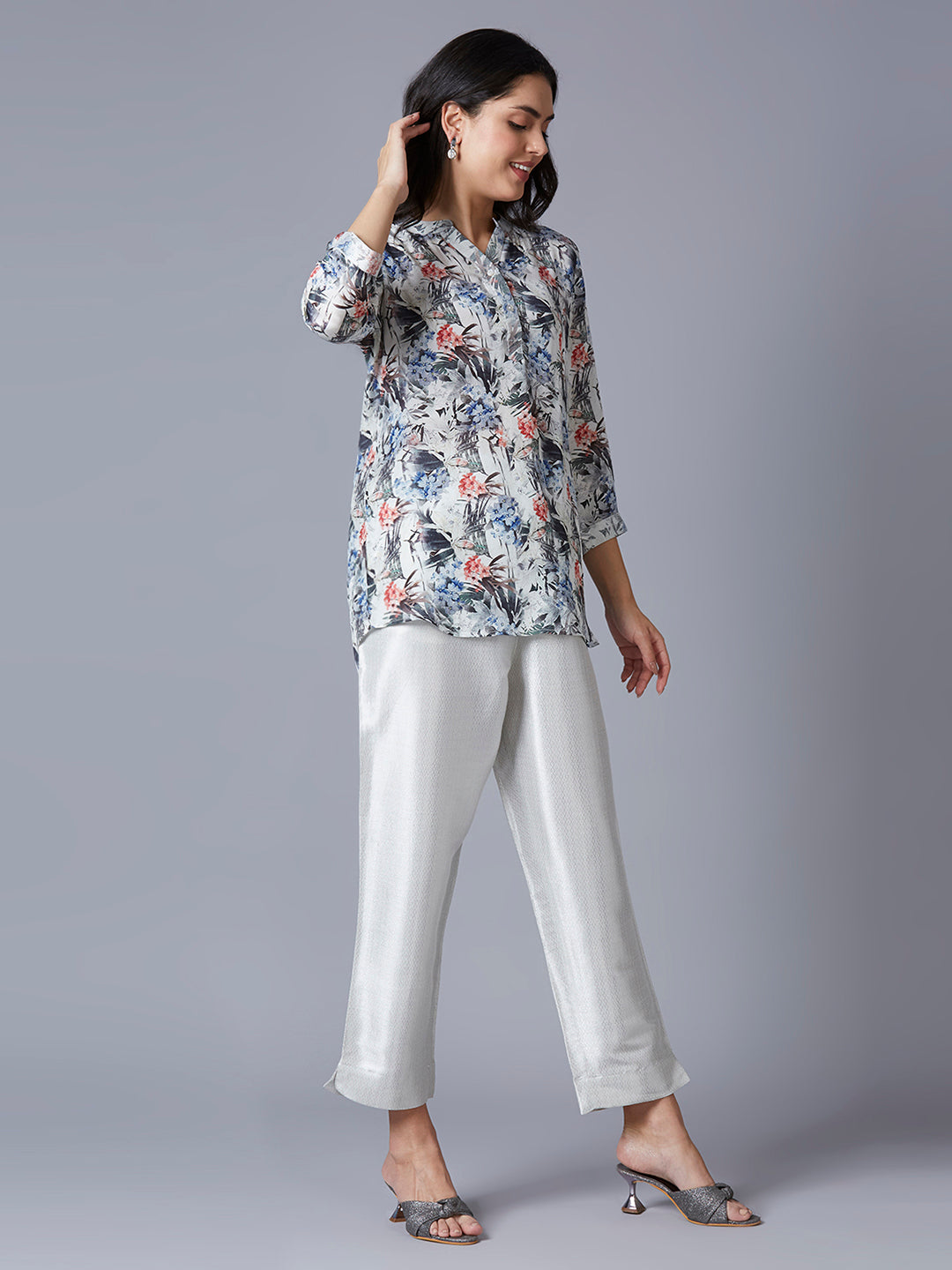 White Multi Floral Printed Top with Brocade Trims