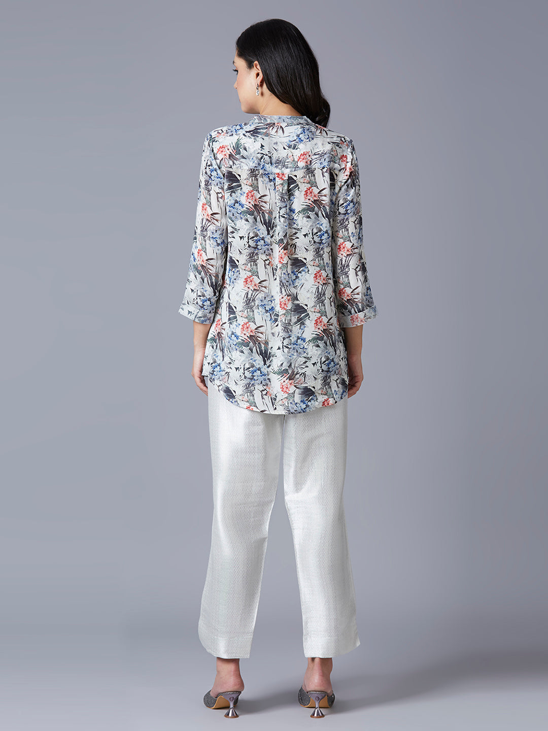 White Multi Floral Printed Top with Brocade Trims