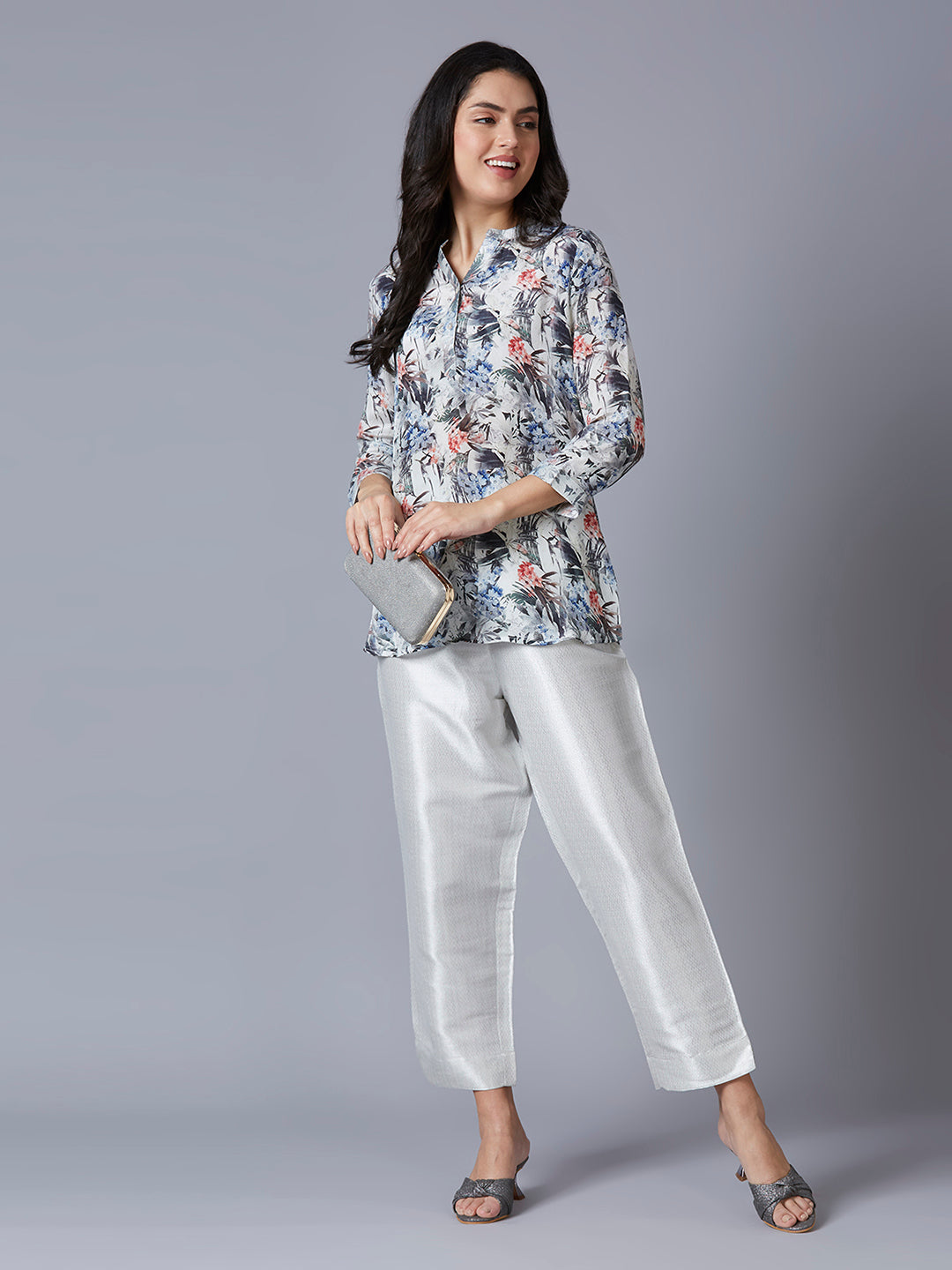 White Multi Floral Printed Top with Brocade Trims