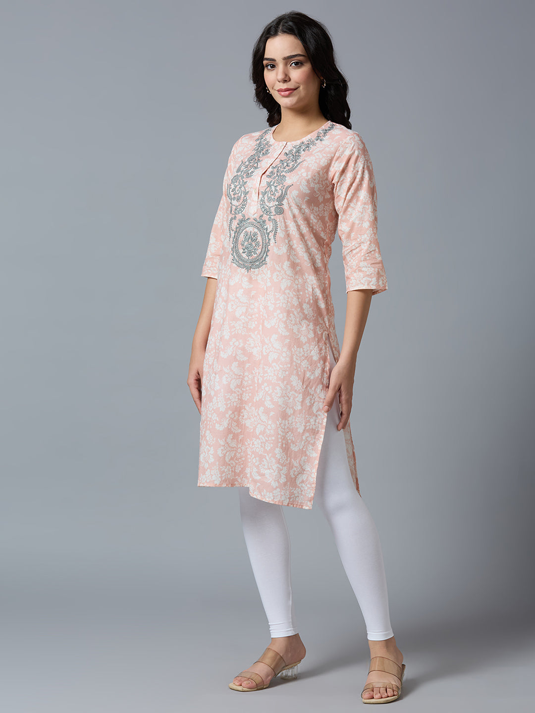 Viscose Embroidered Floral Baby Pink Kurta