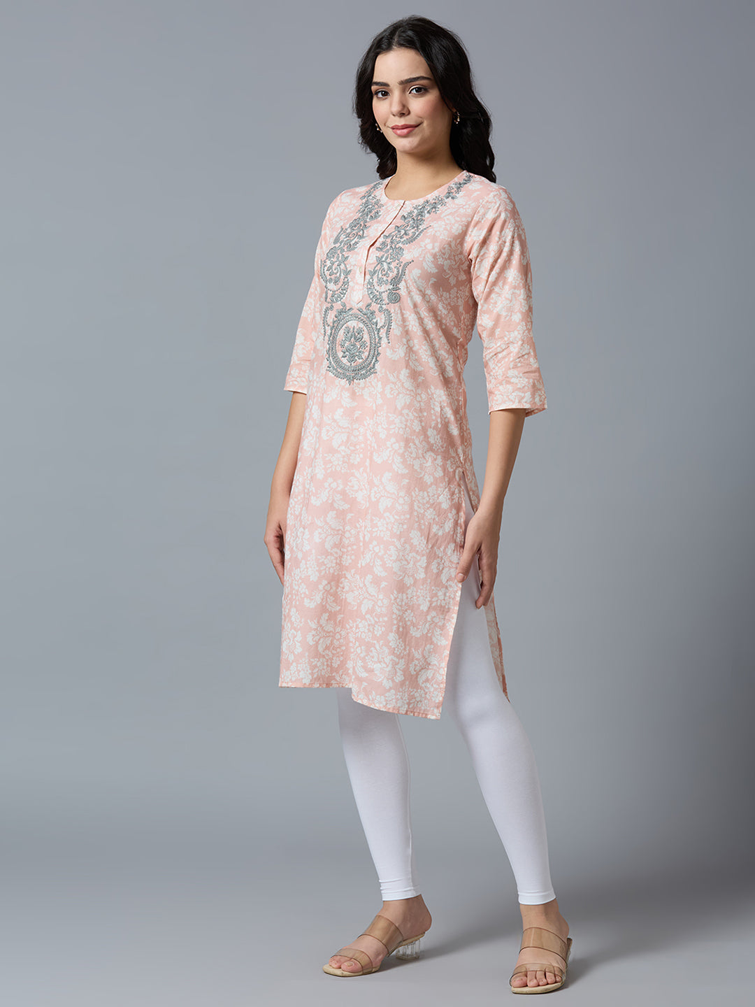 Baby Pink Embroidered Floral Viscose Kurta