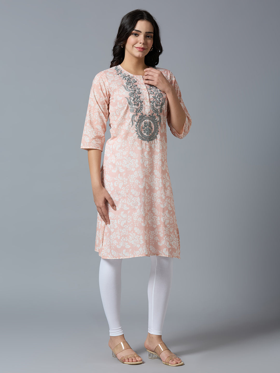 Baby Pink Embroidered Floral Viscose Kurta