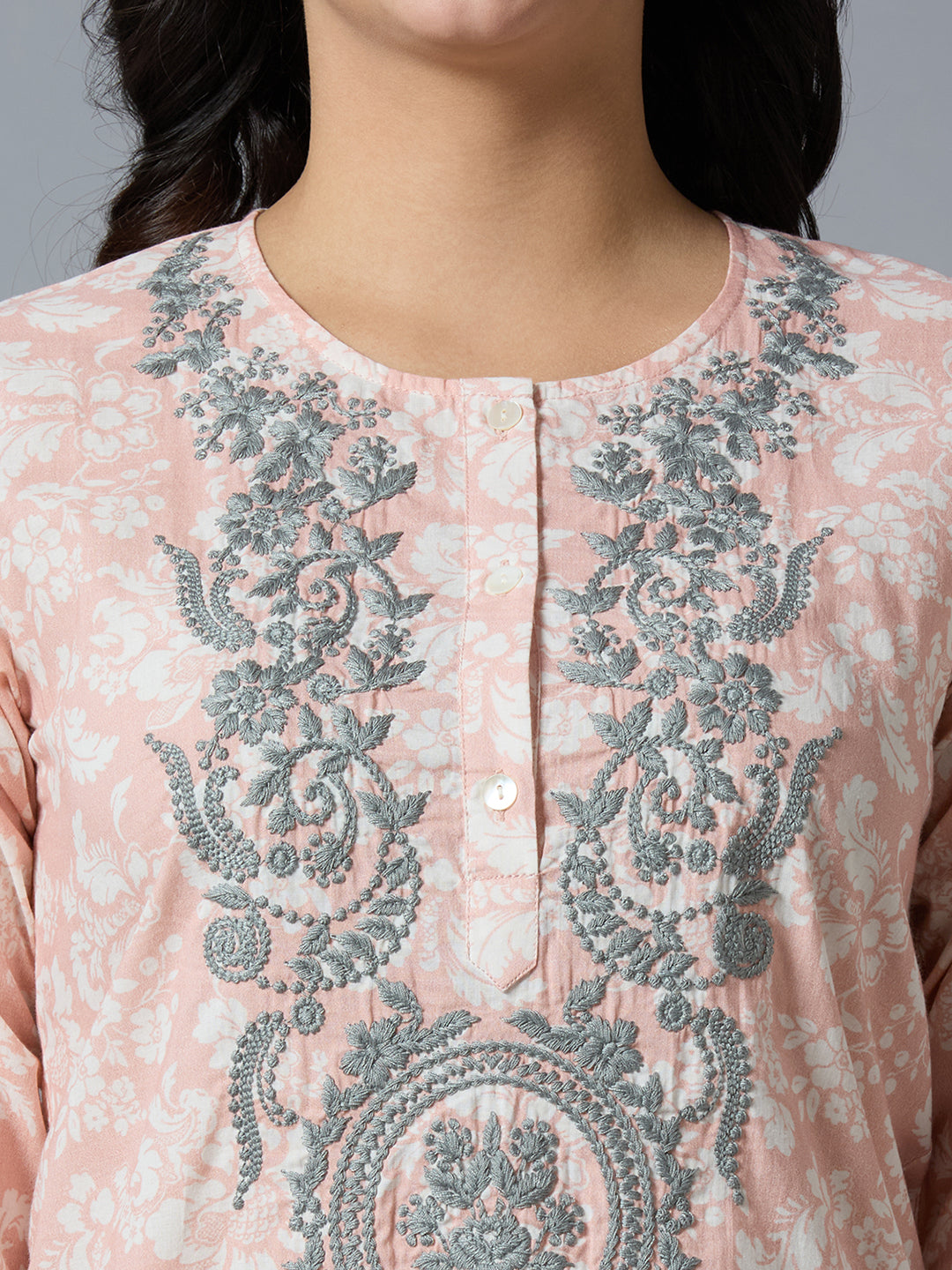 Baby Pink Embroidered Floral Viscose Kurta