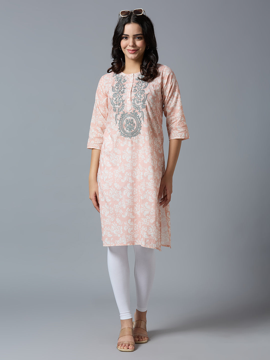 Baby Pink Embroidered Floral Viscose Kurta