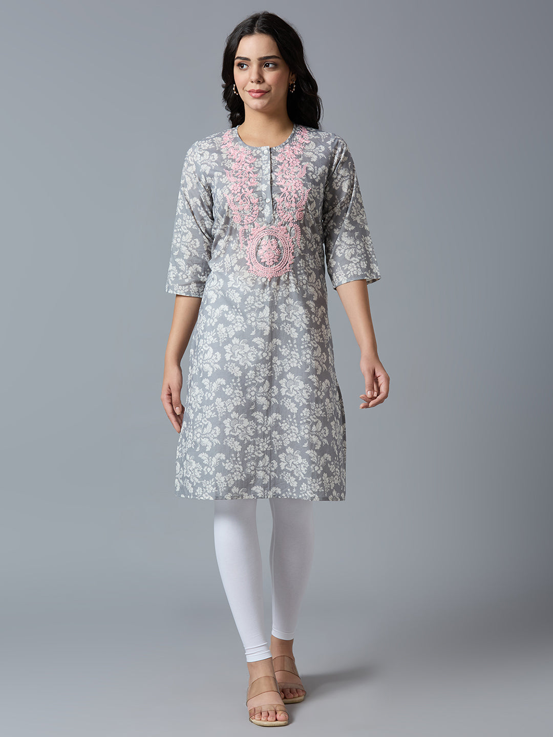 Grey Pink Embroidered Floral Viscose Kurta