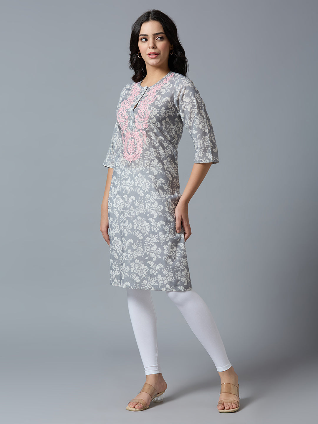 Grey Pink Embroidered Floral Viscose Kurta