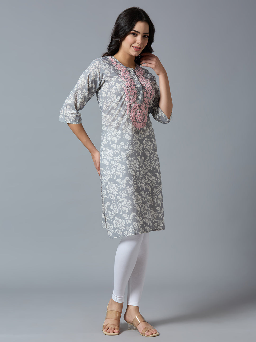 Grey Pink Embroidered Floral Viscose Kurta