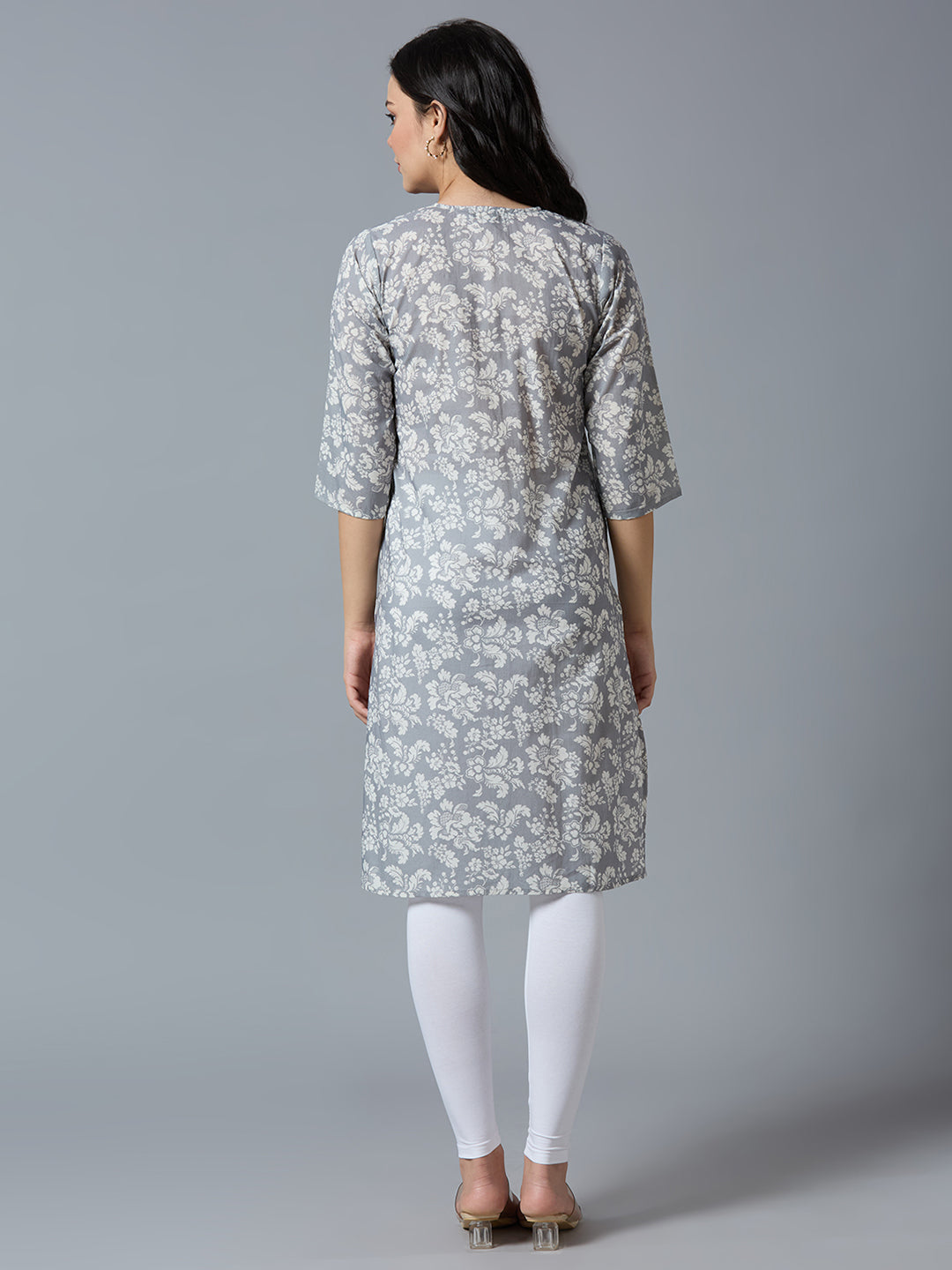 Grey Pink Embroidered Floral Viscose Kurta