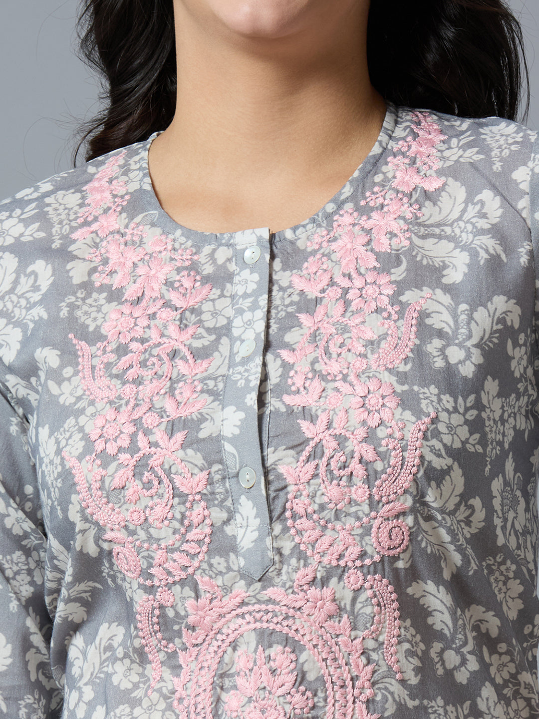 Grey Pink Embroidered Floral Viscose Kurta