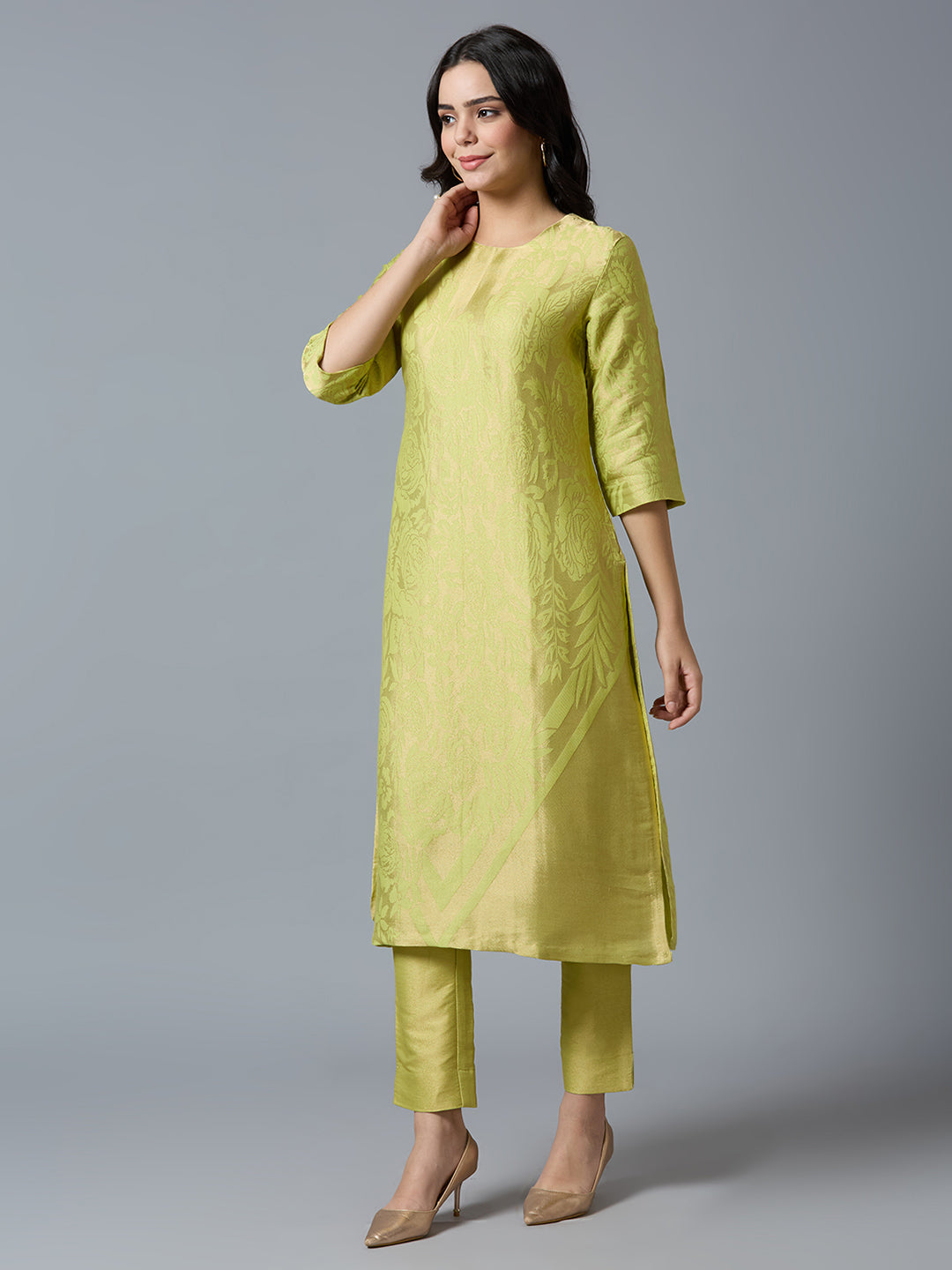 Brocade Lime Gold Rose & Petal Design Kurta