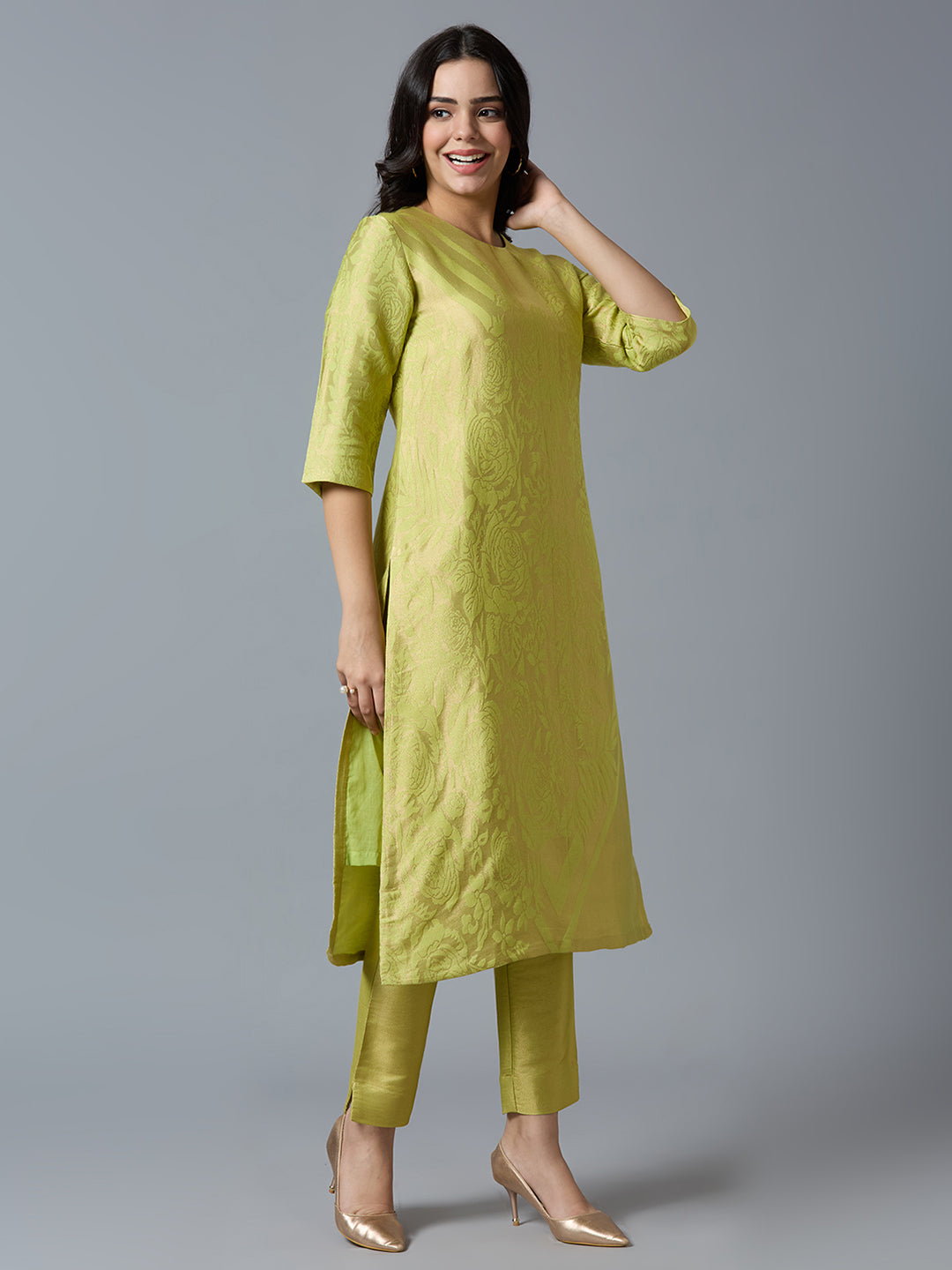 Brocade Lime Gold Rose & Petal Design Kurti