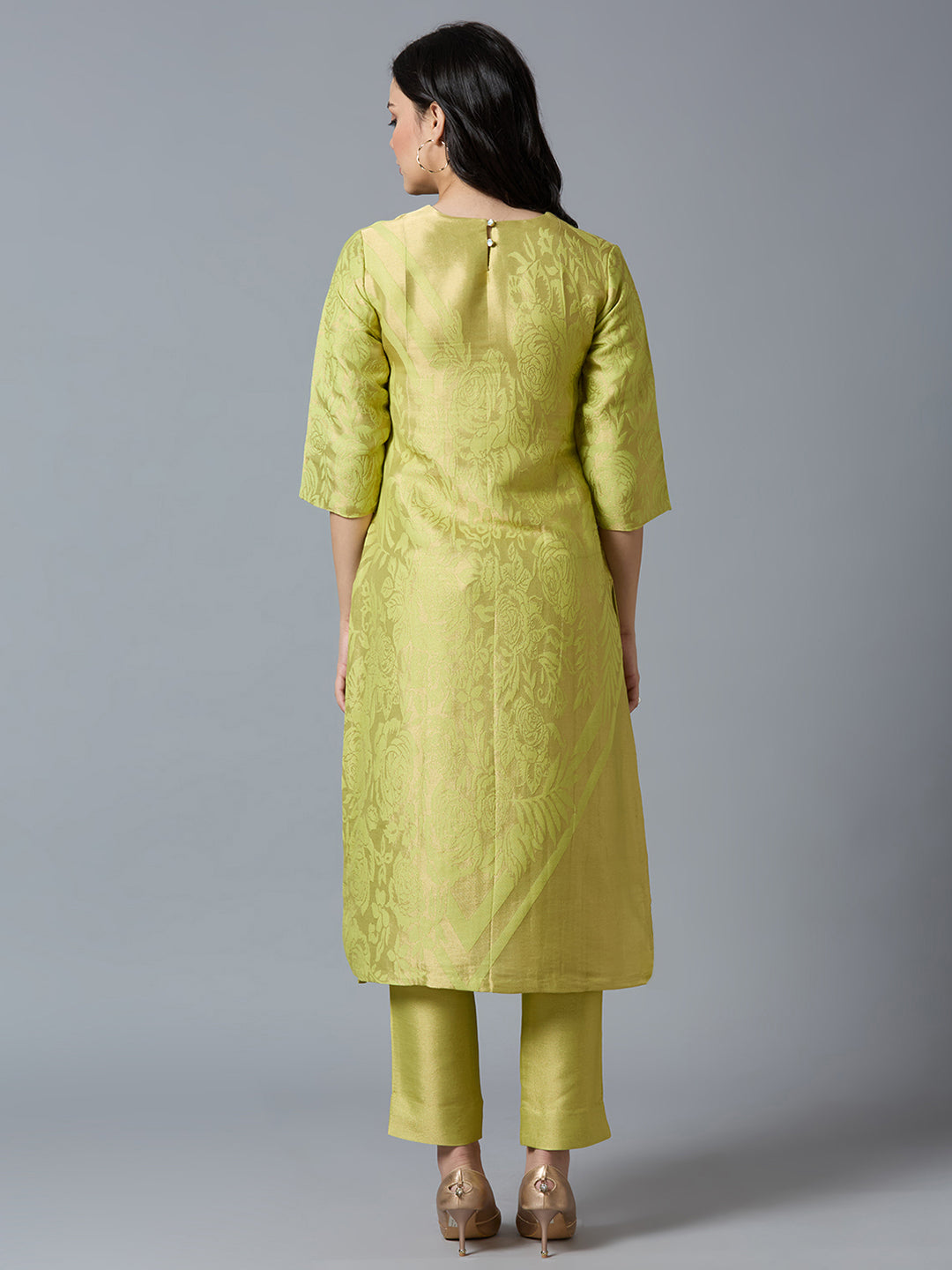 Brocade Lime Gold Rose & Petal Design Kurta