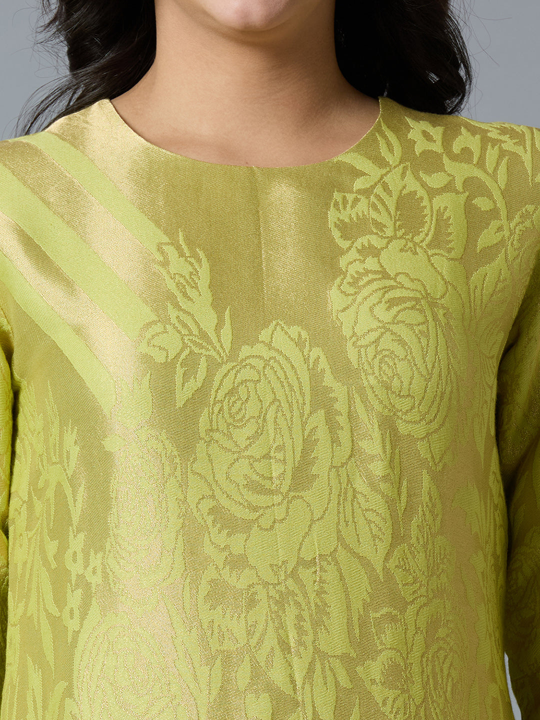 Brocade Lime Gold Rose & Petal Design Kurta