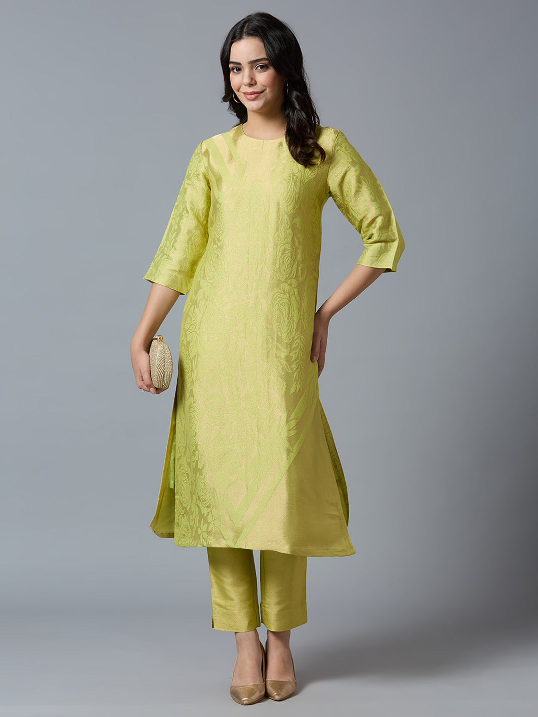 Brocade Lime Gold Rose & Petal Design Kurti