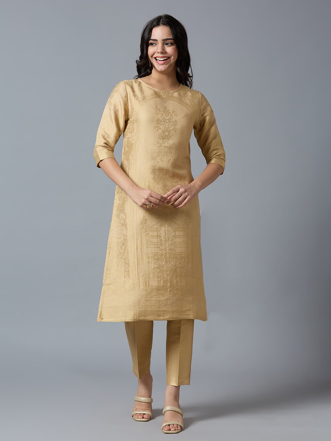 Brocade Beige Gold Placed Floral Design Kurti