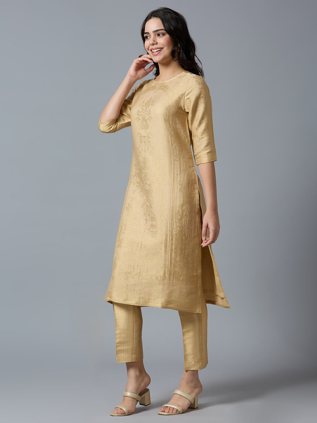 Brocade Beige Gold Placed Floral Design Kurta