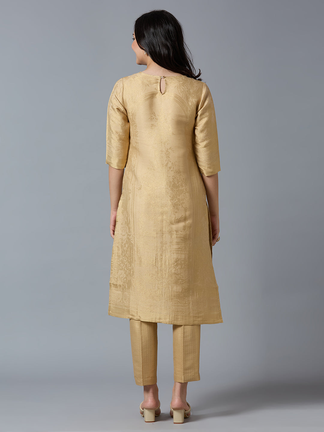 Brocade Beige Gold Placed Floral Design Kurti