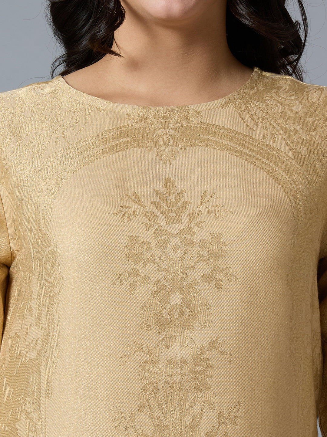 Brocade Beige Gold Placed Floral Design Kurta