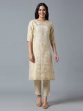 Brocade Off White Gold Placed Floral Design Kurta Set