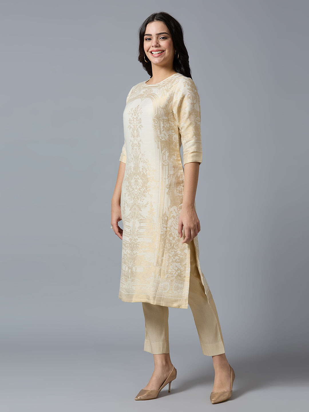 Brocade Off White Gold Placed Floral Design Kurti