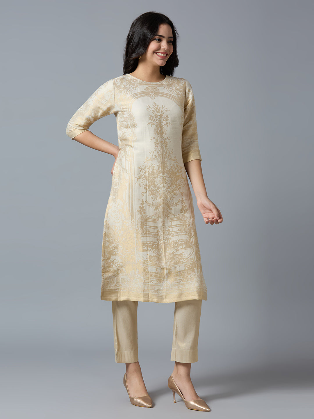 Brocade Off White Gold Placed Floral Design Kurti