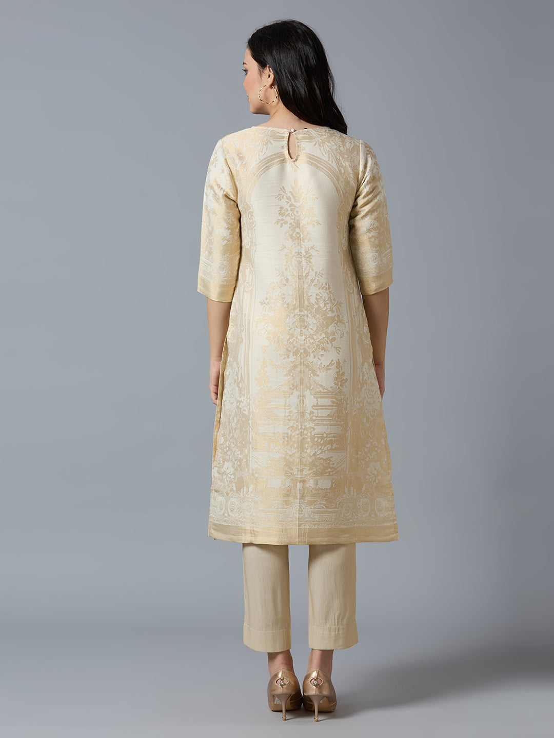 Brocade Off White Gold Placed Floral Design Kurti