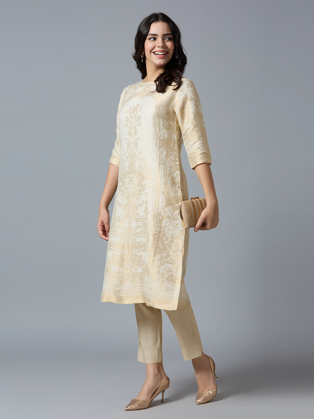 Brocade Off White Gold Placed Floral Design Kurta Set