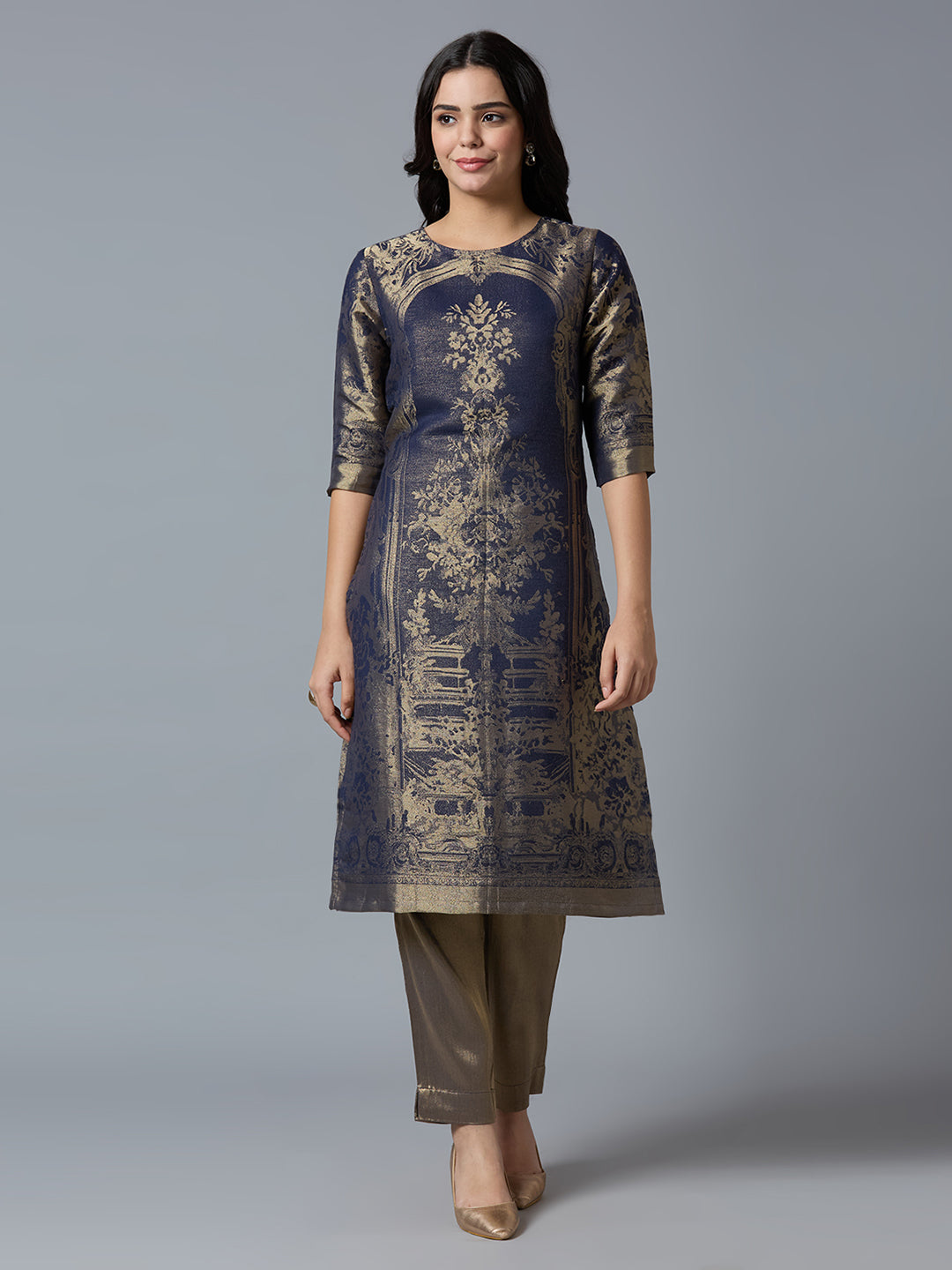 Brocade Navy Gold Placed Floral Design Kurti